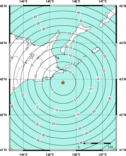 緊急地震速報第1報提供から主要動到達までの時間及び推計震度分布図