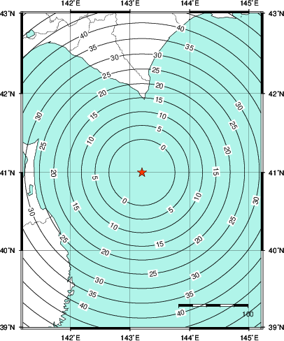 緊急地震速報第1報提供から主要動到達までの時間及び推計震度分布図