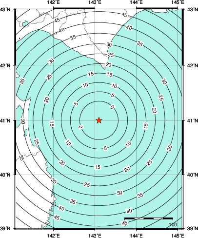 緊急地震速報第1報提供から主要動到達までの時間及び推計震度分布図