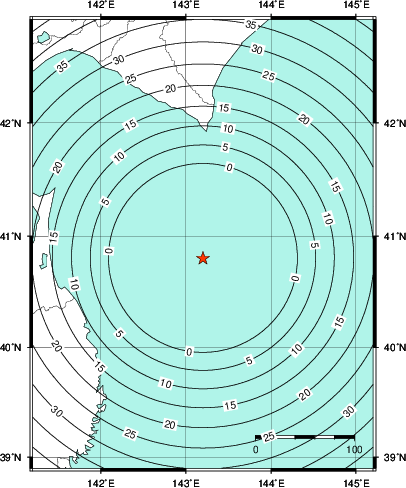 緊急地震速報第1報提供から主要動到達までの時間及び推計震度分布図