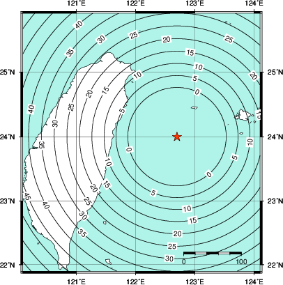 緊急地震速報第1報提供から主要動到達までの時間及び推計震度分布図