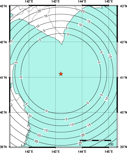 緊急地震速報第1報提供から主要動到達までの時間及び推計震度分布図