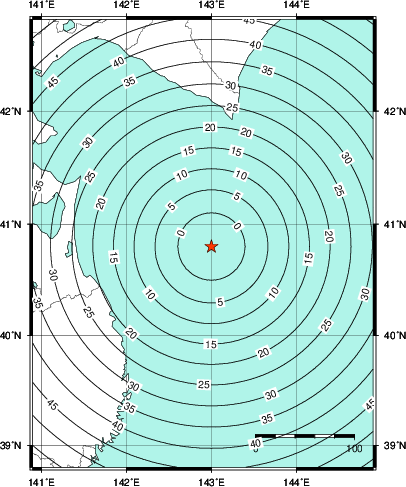 緊急地震速報第1報提供から主要動到達までの時間及び推計震度分布図