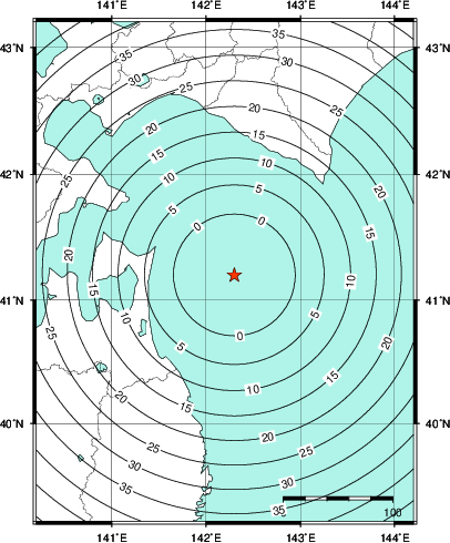 緊急地震速報第1報提供から主要動到達までの時間及び推計震度分布図