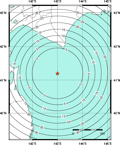 緊急地震速報第1報提供から主要動到達までの時間及び推計震度分布図