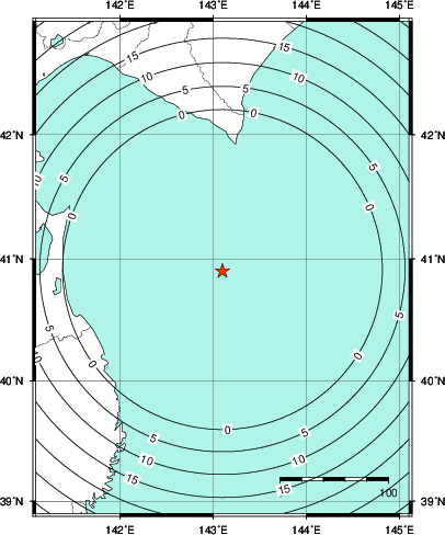 緊急地震速報第1報提供から主要動到達までの時間及び推計震度分布図