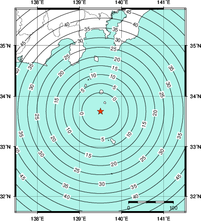 緊急地震速報第1報提供から主要動到達までの時間及び推計震度分布図
