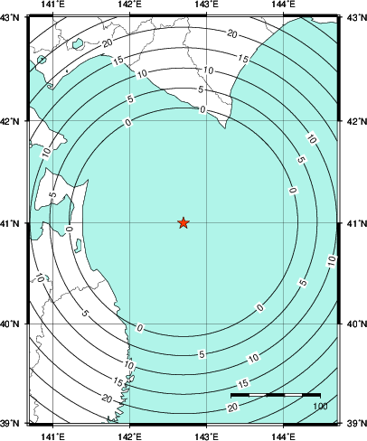 緊急地震速報第1報提供から主要動到達までの時間及び推計震度分布図