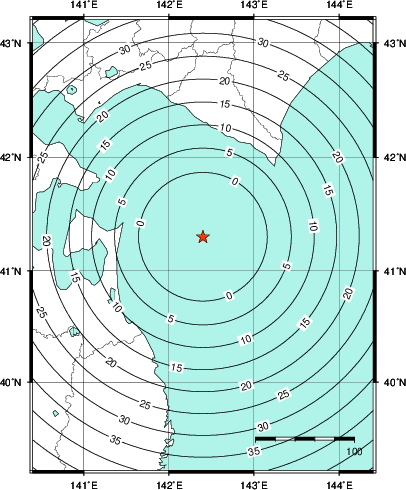 緊急地震速報第1報提供から主要動到達までの時間及び推計震度分布図
