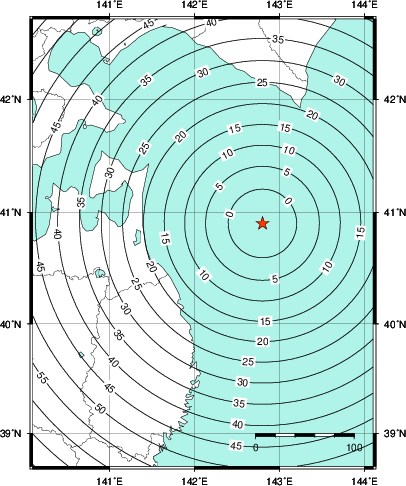 緊急地震速報第1報提供から主要動到達までの時間及び推計震度分布図