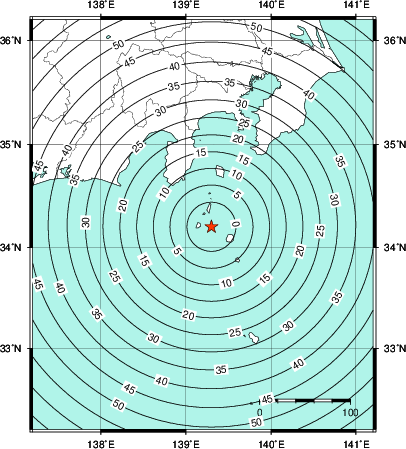緊急地震速報第1報提供から主要動到達までの時間及び推計震度分布図