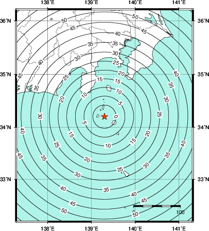 緊急地震速報第1報提供から主要動到達までの時間及び推計震度分布図
