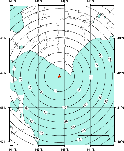 緊急地震速報第1報提供から主要動到達までの時間及び推計震度分布図