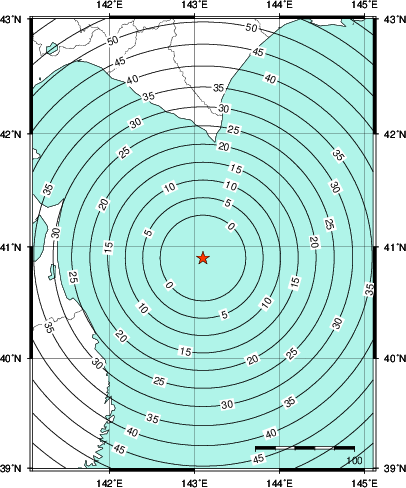 緊急地震速報第1報提供から主要動到達までの時間及び推計震度分布図