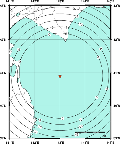 緊急地震速報第1報提供から主要動到達までの時間及び推計震度分布図