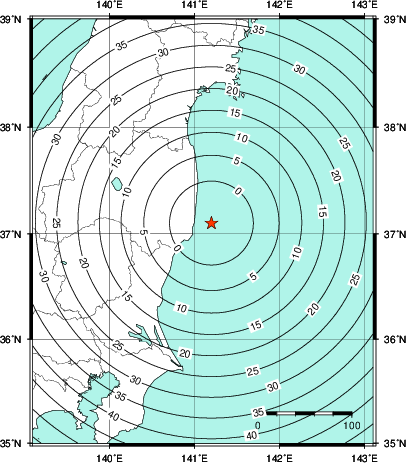 緊急地震速報第1報提供から主要動到達までの時間及び推計震度分布図