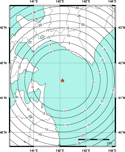 緊急地震速報第1報提供から主要動到達までの時間及び推計震度分布図
