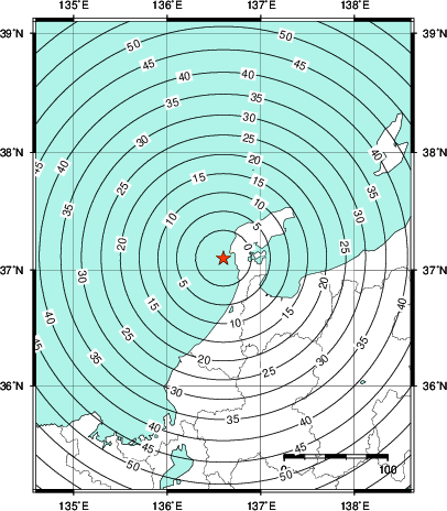 緊急地震速報第1報提供から主要動到達までの時間及び推計震度分布図