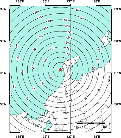 緊急地震速報第1報提供から主要動到達までの時間及び推計震度分布図