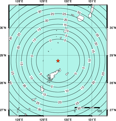 緊急地震速報第1報提供から主要動到達までの時間及び推計震度分布図