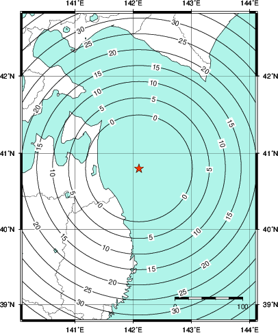 緊急地震速報第1報提供から主要動到達までの時間及び推計震度分布図