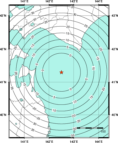 緊急地震速報第1報提供から主要動到達までの時間及び推計震度分布図
