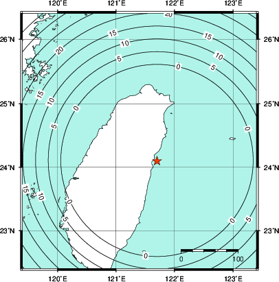 緊急地震速報第1報提供から主要動到達までの時間及び推計震度分布図