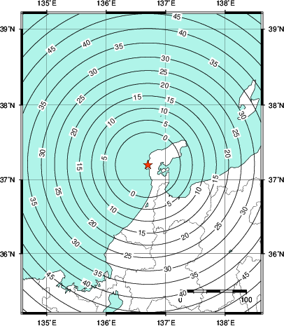 緊急地震速報第1報提供から主要動到達までの時間及び推計震度分布図