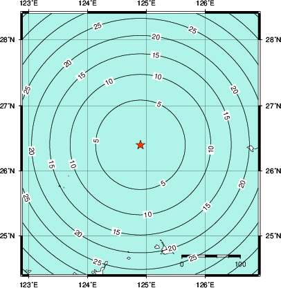 緊急地震速報第1報提供から主要動到達までの時間及び推計震度分布図