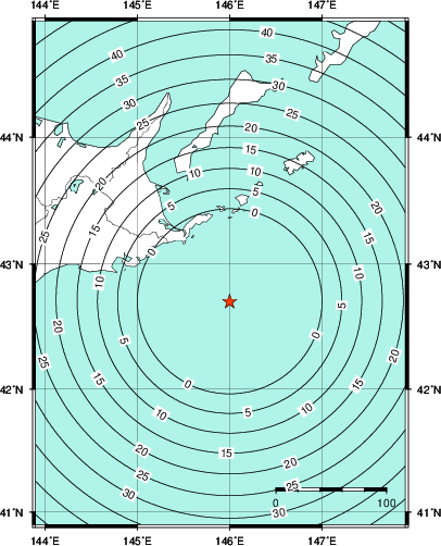 緊急地震速報第1報提供から主要動到達までの時間及び推計震度分布図