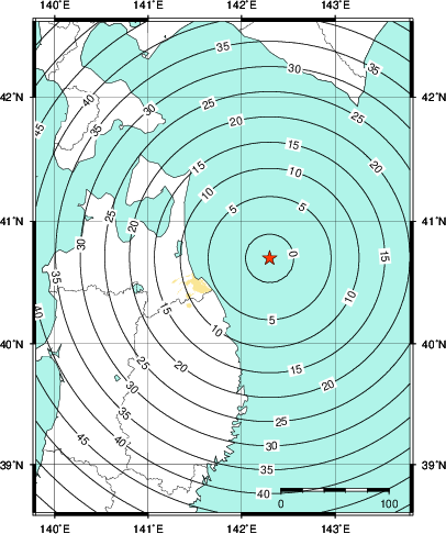 緊急地震速報第1報提供から主要動到達までの時間及び推計震度分布図