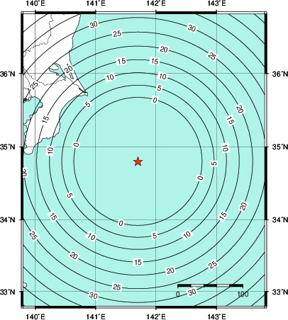緊急地震速報第1報提供から主要動到達までの時間及び推計震度分布図