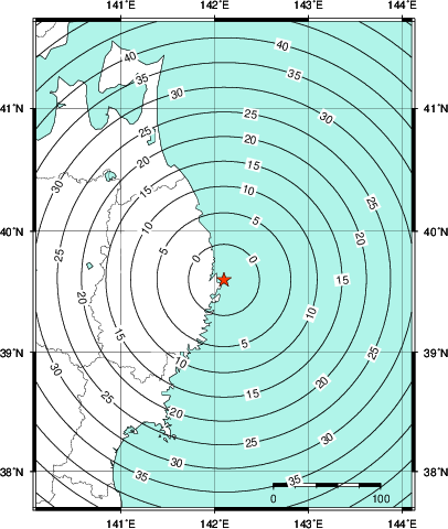 緊急地震速報第1報提供から主要動到達までの時間及び推計震度分布図