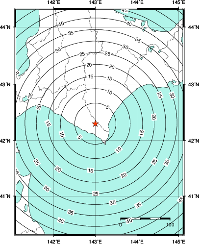 緊急地震速報第1報提供から主要動到達までの時間及び推計震度分布図