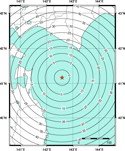 緊急地震速報第1報提供から主要動到達までの時間及び推計震度分布図