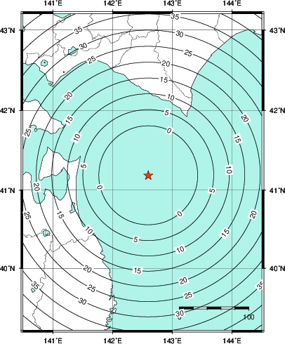 緊急地震速報第1報提供から主要動到達までの時間及び推計震度分布図
