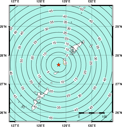 緊急地震速報第1報提供から主要動到達までの時間及び推計震度分布図