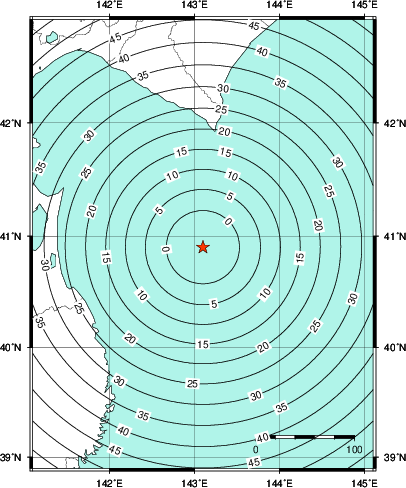緊急地震速報第1報提供から主要動到達までの時間及び推計震度分布図