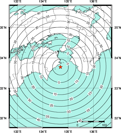 緊急地震速報第1報提供から主要動到達までの時間及び推計震度分布図
