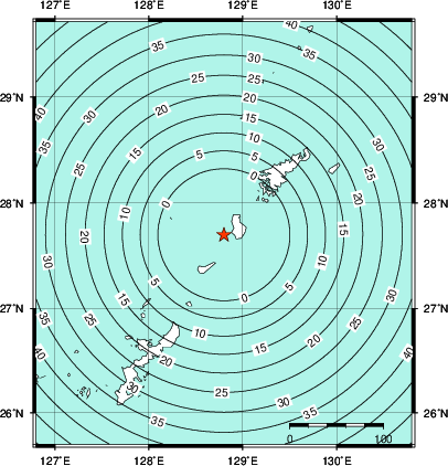 緊急地震速報第1報提供から主要動到達までの時間及び推計震度分布図