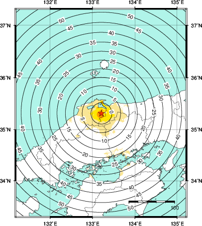 緊急地震速報第1報提供から主要動到達までの時間及び推計震度分布図