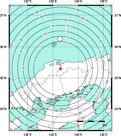 緊急地震速報第1報提供から主要動到達までの時間及び推計震度分布図