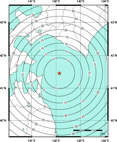 緊急地震速報第1報提供から主要動到達までの時間及び推計震度分布図