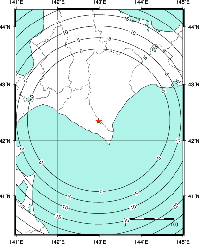 緊急地震速報第1報提供から主要動到達までの時間及び推計震度分布図