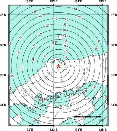 緊急地震速報第1報提供から主要動到達までの時間及び推計震度分布図