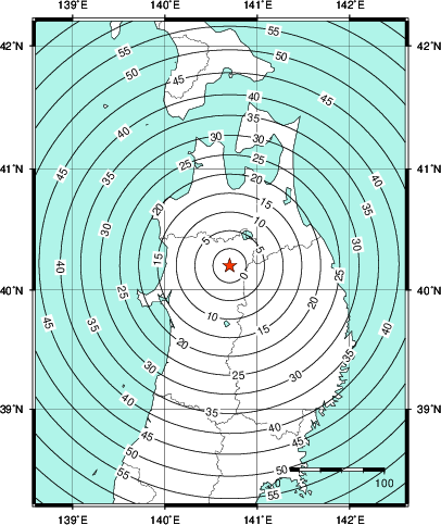 緊急地震速報第1報提供から主要動到達までの時間及び推計震度分布図