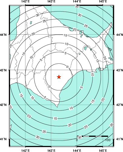 緊急地震速報第1報提供から主要動到達までの時間及び推計震度分布図