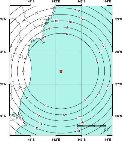 緊急地震速報第1報提供から主要動到達までの時間及び推計震度分布図