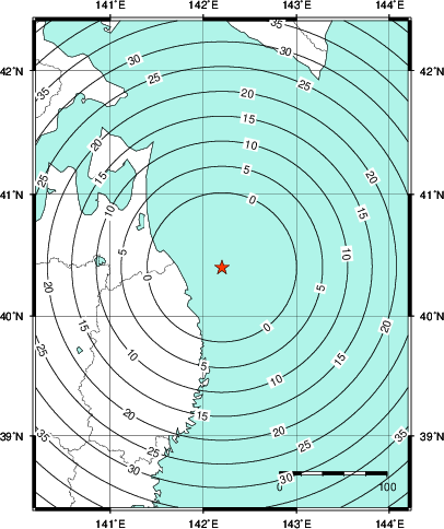 緊急地震速報第1報提供から主要動到達までの時間及び推計震度分布図