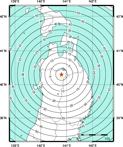 緊急地震速報第1報提供から主要動到達までの時間及び推計震度分布図